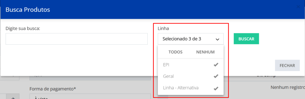 Selecione a linha que deseja buscar o item para a cotação.