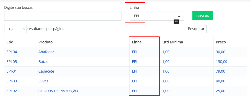 Os itens estão disponíveis de acordo com a Linha selecionada.