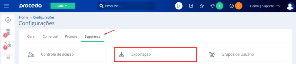 Na aba segurança acesse exportação
