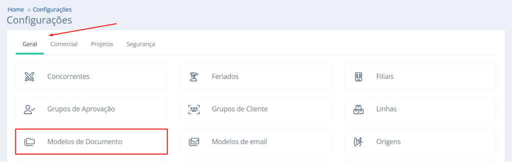Na aba geral acesse Modelos de documento