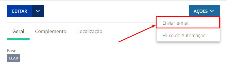 Botão ações e enviar e-mail