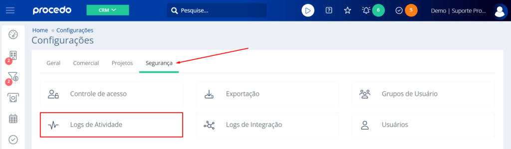Na aba segurança acesse Logs de Atividade