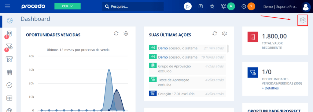Acesse a página inicial e clique na engrenagem
