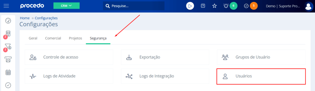 Na aba segurança acesse Usuários