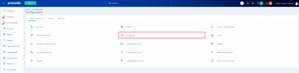 Em configurações acesse Integração