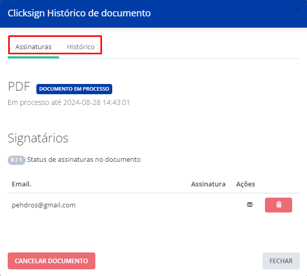 No modal é possível verificar assinaturas e histórico