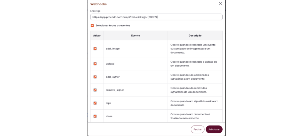 Selecione todos os eventos