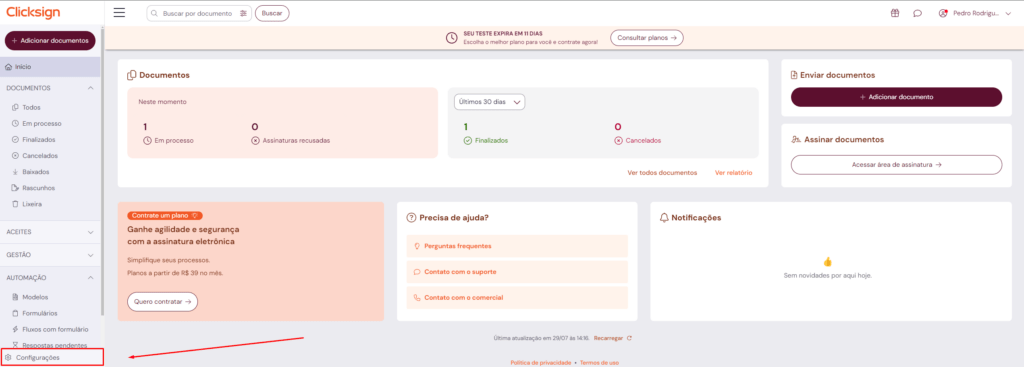 Acesso a configurações na conta clicksign