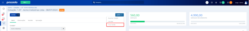 Clique no botão Nova Versão