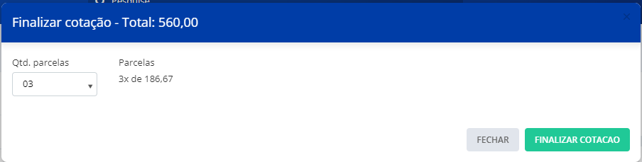 Modal para definir as parcelas e finalizar cotação