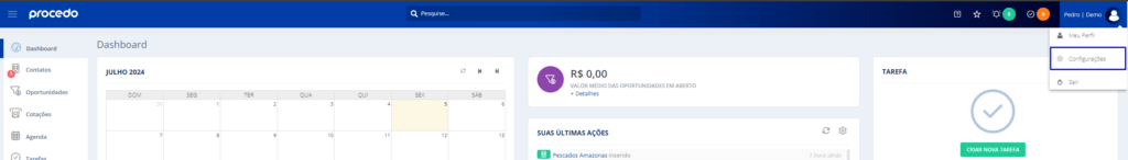 Menu superior direito acesso a configurações