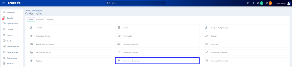 Na aba geral clique em situações de contato