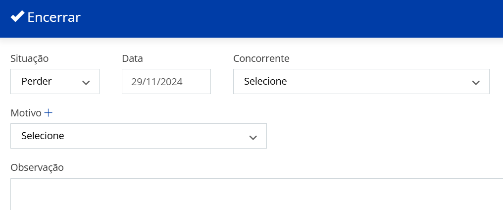 No modal que será aberto selecione a situação perder