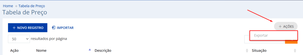 Clique no botão ações e exportar